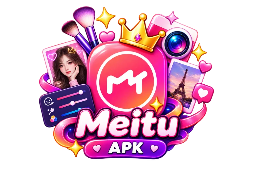 Meitu APK photo editing app icon with pink and purple design, camera, makeup brushes, photo effects, crown, sparkles, and Meitu APK text