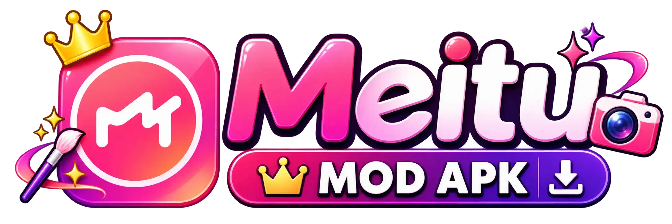 Meitu Mod APK logo with pink and purple design, crown, camera, and photo editing icons