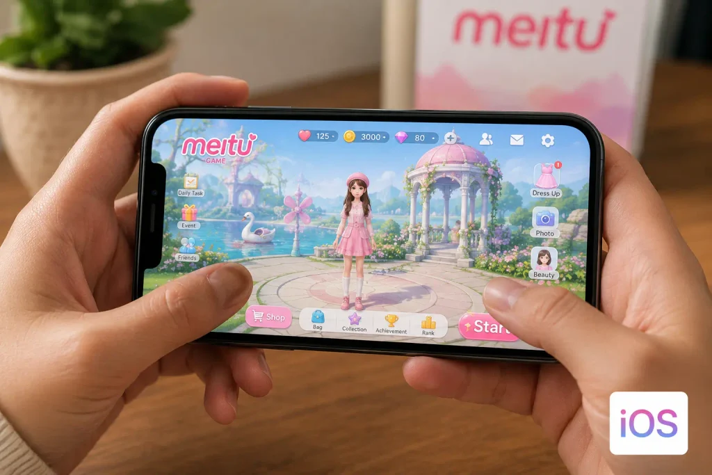 Hands holding an iPhone while playing Meitu game on iOS.