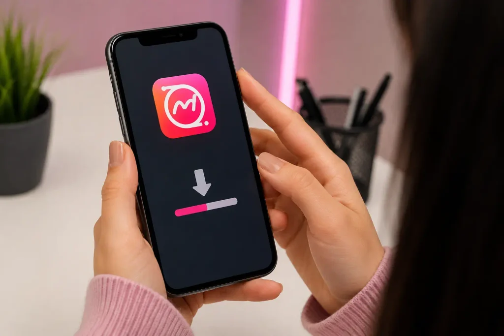 Person holding a smartphone while downloading the Meitu APK file.