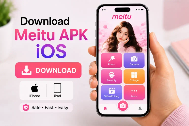 Download Meitu APK iOS with a smartphone displaying the Meitu photo editing app.